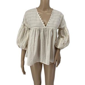 Lovestitch minimalist top S balloon sleeve v neck button cream gray stripe